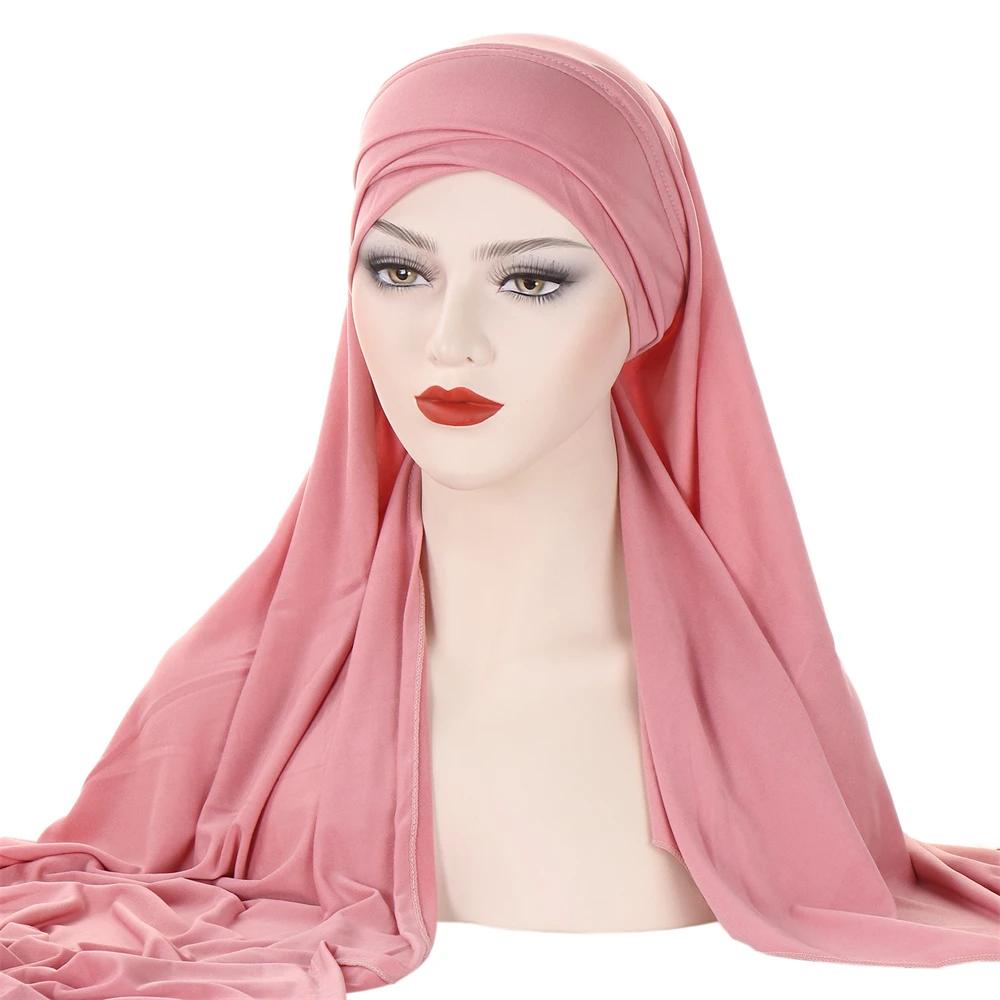 Muslim Women Long Scarf Pull On Ready Wear Instant Hijab Chemo Cap One Piece Amira Head Wrap Turban Femme Shawl Bandanas Scarves