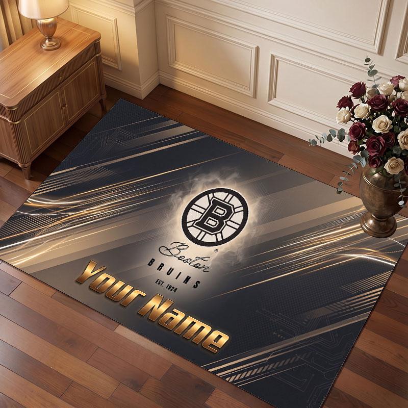 Boston Bruins Personalized Crystal Velvet Carpet, Customized Name Text Soft Anti‑Slip Rug for Living Room Bedroom
