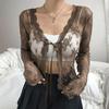 Women Sexy See Through Cardigans Y2K Long Sleeve Lace Mesh Vintage Lace Up Crop Tops Streetwear