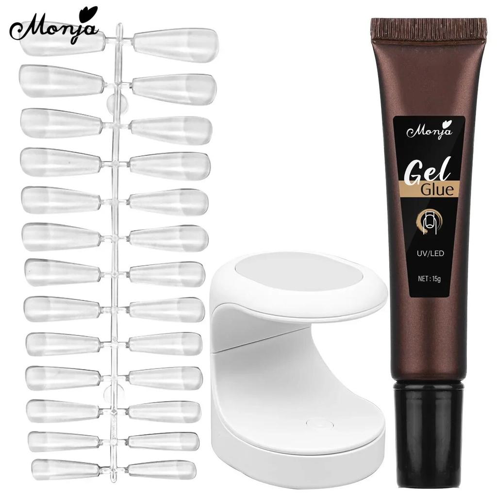 monja 3 шт., набор для наращивания акрилового дизайна ногтей, 6 Вт, светодиодная лампа для сушки, 15 г, УФ-гель, клей, матовый квадратный длинный гроб, миндаль, клей для накладных накладных кончиков
