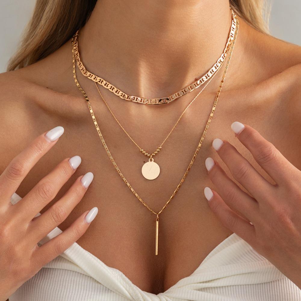 Fashion simple geometric metal Disc & Bar pendant 3 Layers Choker necklaces for women Stainless steel chain party Jewelry Gifts