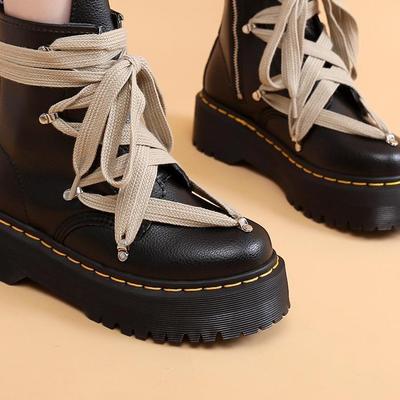 Ботинки Мартина женские, высокие, с перекрестными ремешками, с узором личи, кожаные, на молнии сбоку, с круглым носком, для личности