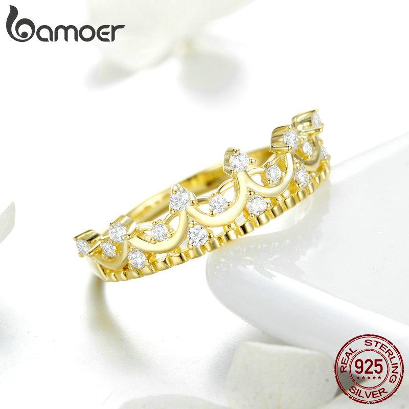 BAMOER Подлинное Серебро 925 Пробы Корона Принцессы Золотой Цвет Кольца-Короны для Женщин Обручальное Кольцо Ювелирные Изделия Anel SCR493