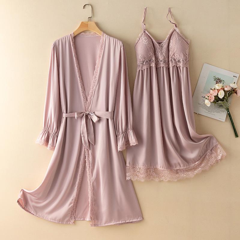 Женский комплект из 2 предметов: Халат и Ночная сорочка, Пижама, Сексуальный, С кружевной отделкой, Банный халат, Халат, Ночная сорочка, Летний, Последний, Свободный, Шелковый сатин, Домашняя одежда, Одежда для отдыха