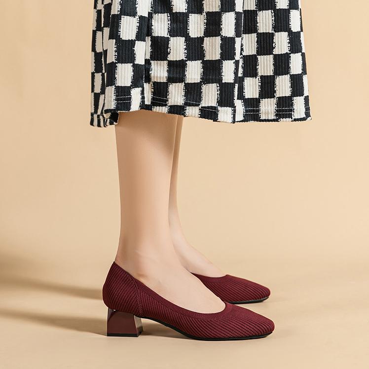 Женские туфли на однотонном каблуке Вязаные туфли-лодочки Женские модельные туфли на низком каблуке Офисные повседневные туфли с квадратным носком в деловом стиле на массивном каблуке Модные женские туфли без шнуровки
