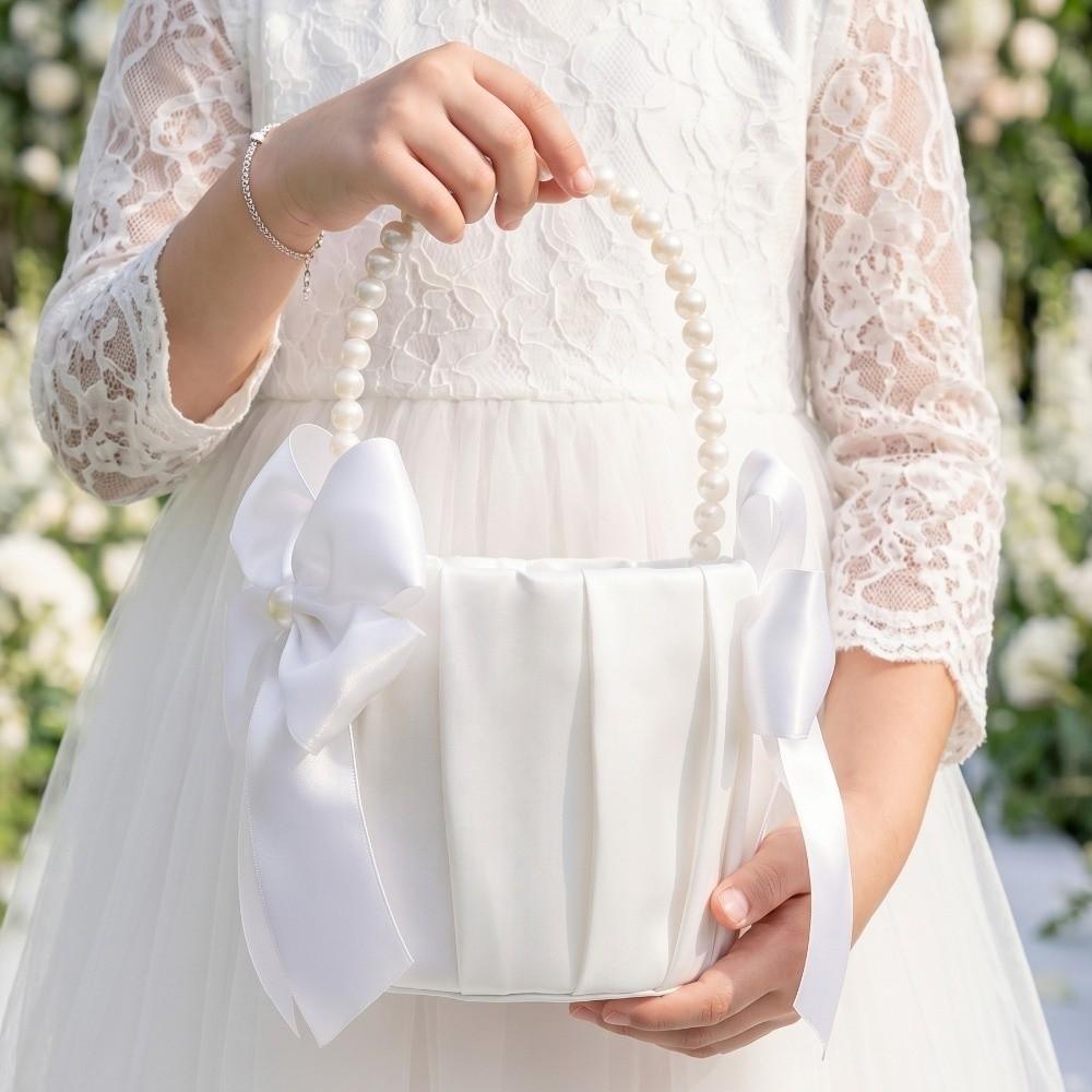 Satin White Wedding Flower Basket Rustic Bowknot Flower Girl Basket Floral Petals