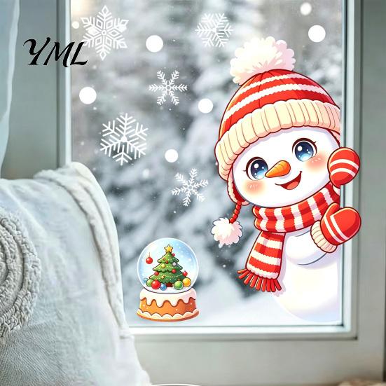 Cute Snowman Wall Art Peeking Static Cling Window Decal, Christmas Glass Sticker with Waterproof Decorations Snowflakes, Reusable PVC Holiday