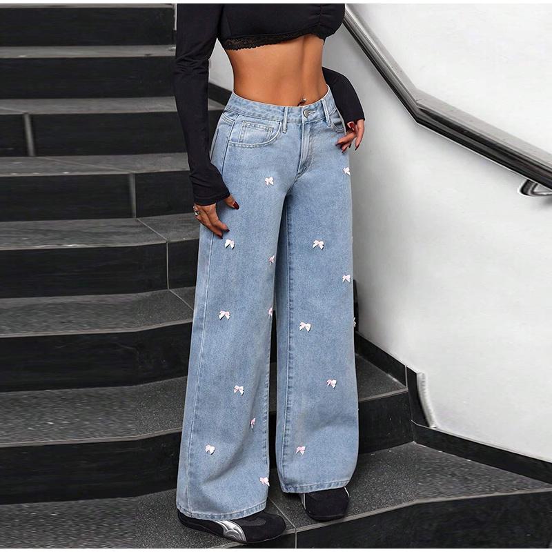 Light Blue Straight Leg Bow Jeans Women's High Waist Spring New Loose Drapey Wide Leg Denim Pants Casual Cotton Stretch