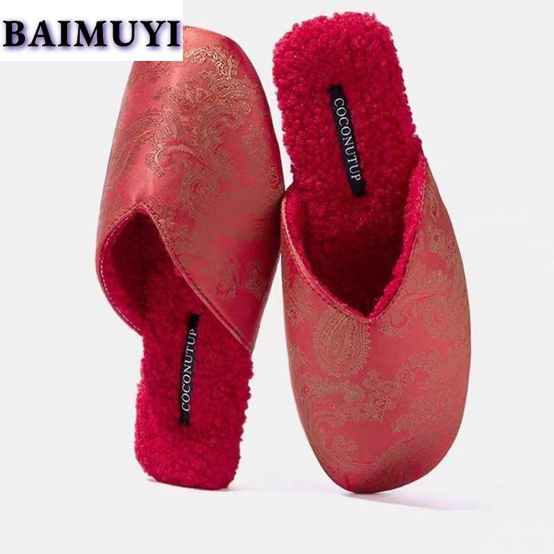 Модные туфли на плоской подошве женские тапочки с принтом из меха модные мюли обувь зимние новые шлепанцы 2025 тренд новые сандалии с открытой пяткой Mujer Zapatos