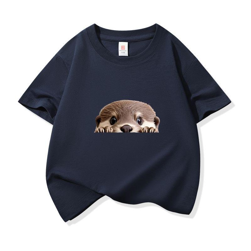Kids Cotton T Shirt Cute Peeking Otter Print Crew Neck Short Sleeve Tee Casual Breathable Boys Girls Summer Tops
