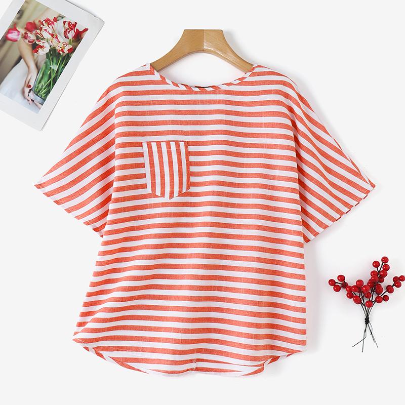 ZANZEA Женский летний топ с круглым вырезом, короткими рукавами и контрастными полосками и передним карманом