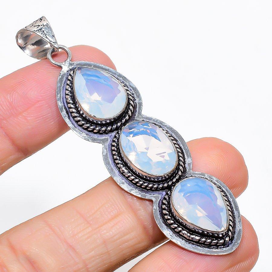 Milky Opal Gemstone Handmade 925 Sterling Silver Jewelry Pendant 2.76" KJ-67