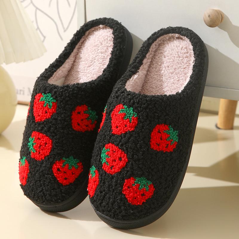 New Comfortable Home Cute Cartoon Strawberry Winter Cotton Slippers for Men and Women's Couples Thick Sole Warm Cotton Slippers