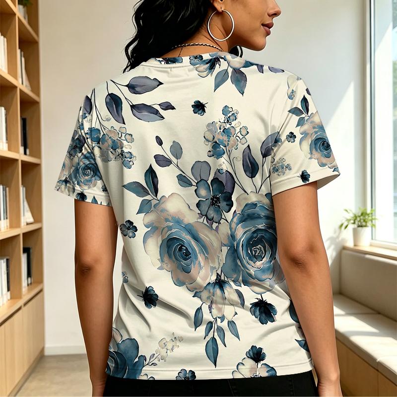 Ladies' Short Sleeve T-Shirt,Korean Minimalist Floral Design,Soft Breathable Casual Top for Daily Wear & Night Outings