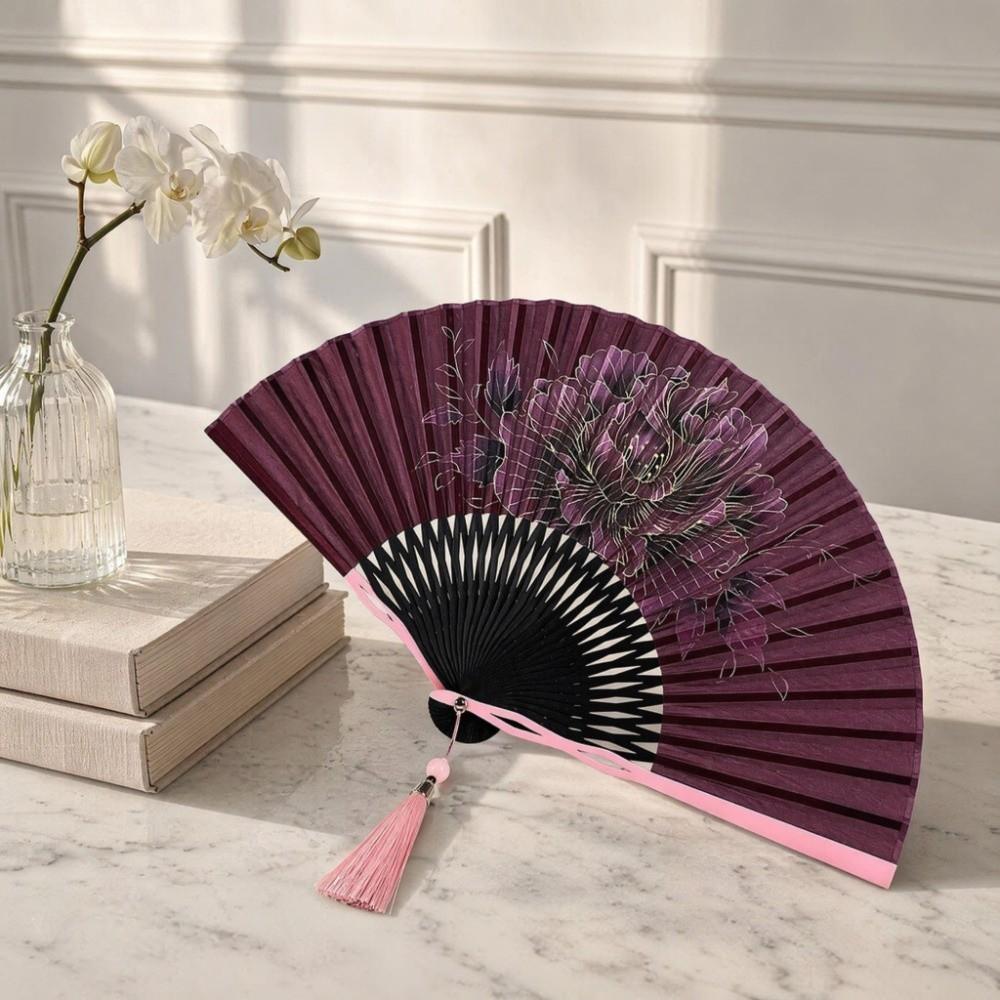Peony Flower Mini Shell Fan Silk Cloth Dance Fan Creative Retro Handheld Fan Hanfu Cheongsam