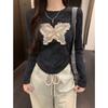Real Shot Long-sleeved T-shirt Women's Autumn Slim-fit Short Denim Embroidered Butterfly Splicing Top