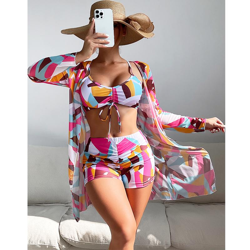 Women Swimsuit High Waist Bikini Set Three Pieces Women Sexy Long Sleeve Cover Up Swimsuit Beach Bathing Suits Swimwear