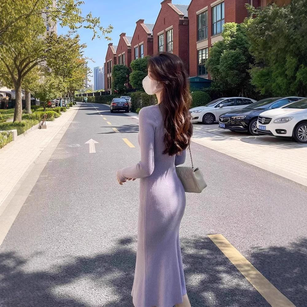 Knitted Dress Autumn Fashion Suspender Celebrity Versatile Gentle Temperament Slim Sweater V-Neck Hip Wrap Skirt