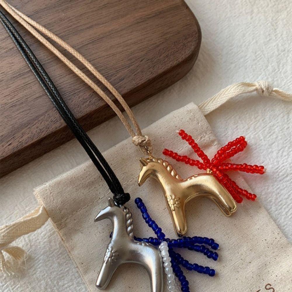 Long Wax Rope Necklace Horse PU Leather Necklace Unique Pony Pendant Necklace  Women