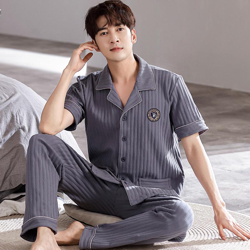 Летняя мужская пижама с коротким рукавом и длинные брюки, мужская домашняя одежда, кардиган больших размеров из хлопка для папы среднего возраста, пижама для мужчин