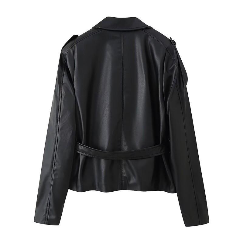 Womens Street Fashion Faux Leather Short Trench Jacket With Belt Black