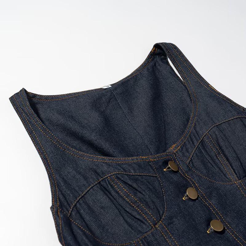Womens Fashion Denim Dress U-Neck Gold Buttons Slim Fit Mid-Length 2026