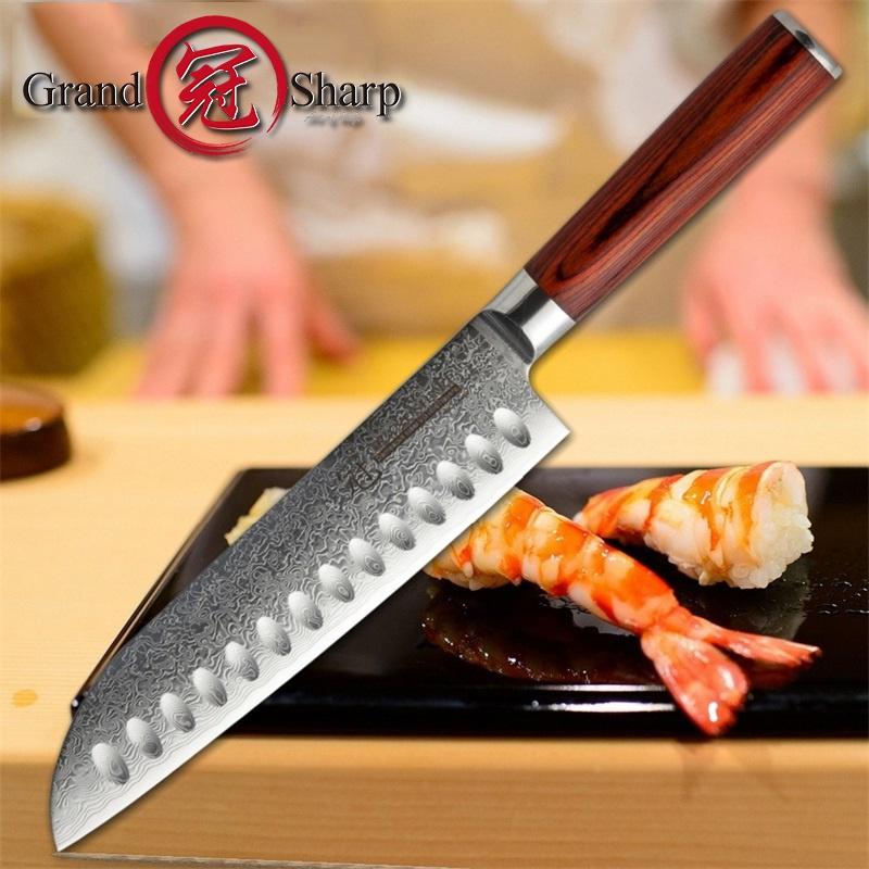 7-дюймовый нож Santoku из дамасской стали VG10, японский кухонный нож, кухонные принадлежности, деревянная ручка Pakka