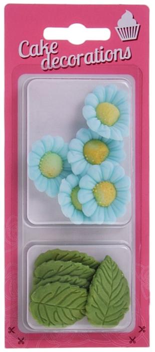 Sugar Flowers Blue Chamomiles + Green Leaves 10 pcs