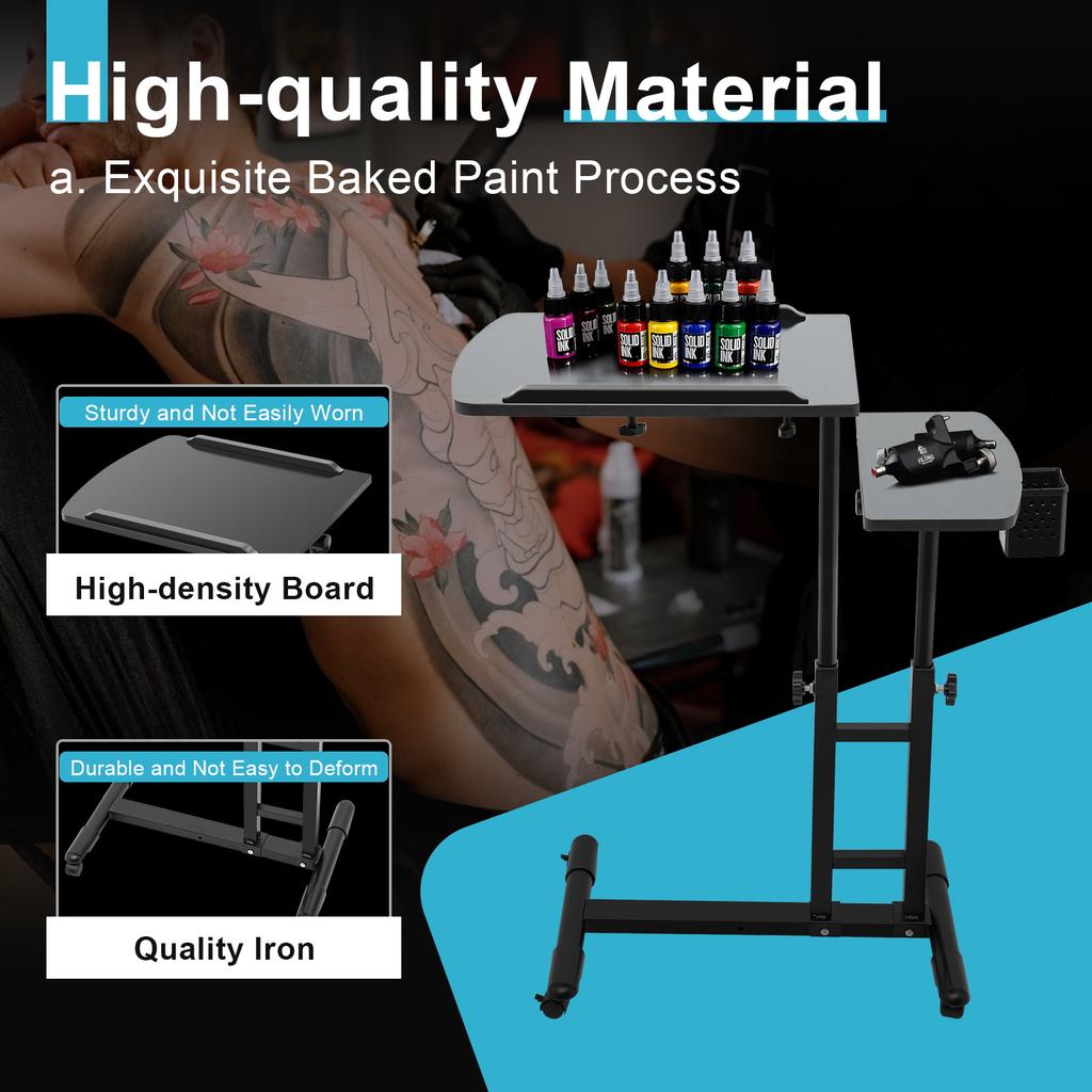 Adjustable Tattoo Desk with Wheels, Heavy-Duty Mobile Workbench Station for Tattoo Artist, Home Studio & Beauty Salon