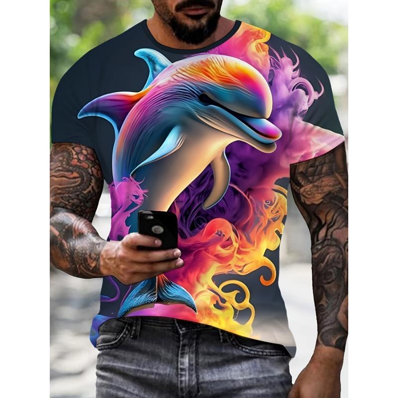 Men's Colorful Dolphin 3D Printed T-Shirt Casual Short Sleeve Crewneck Top Cool Vivid Rainbow Watercolor Smoke Animal Graphic Tee Summer Streetwear