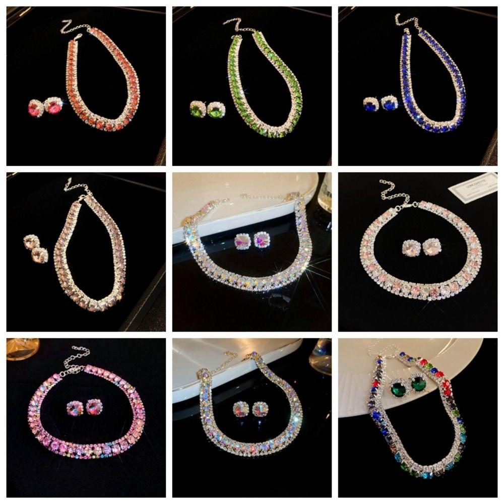 Retro Necklace Earrings Set Handmade Rhinestone Choker Necklace Crystal Necklace Anniversary
