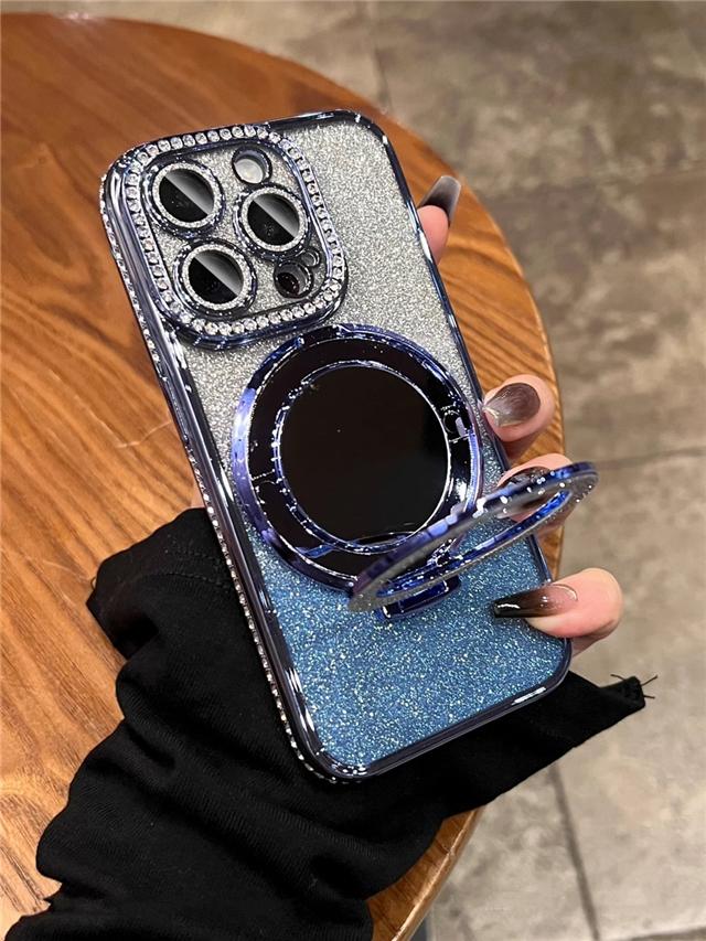 For iPhone 16 Pro Max Luxury Plating Flash Mirror Holder Stand Diamond Frame For iPhone 11 12 13 14 15Plus Lens Protective Cover