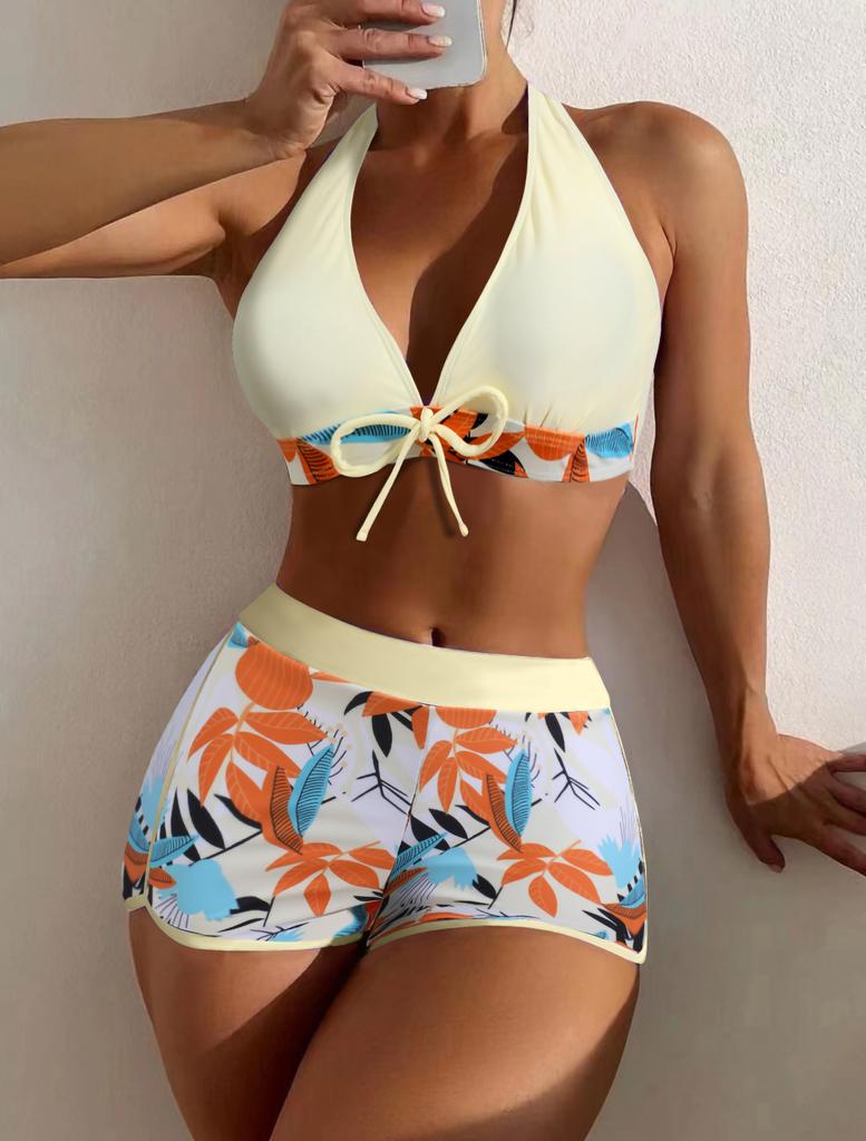 Swimsuit Women's split high waist flat angle strap print solid color splicing Internet celebrity swimsuit