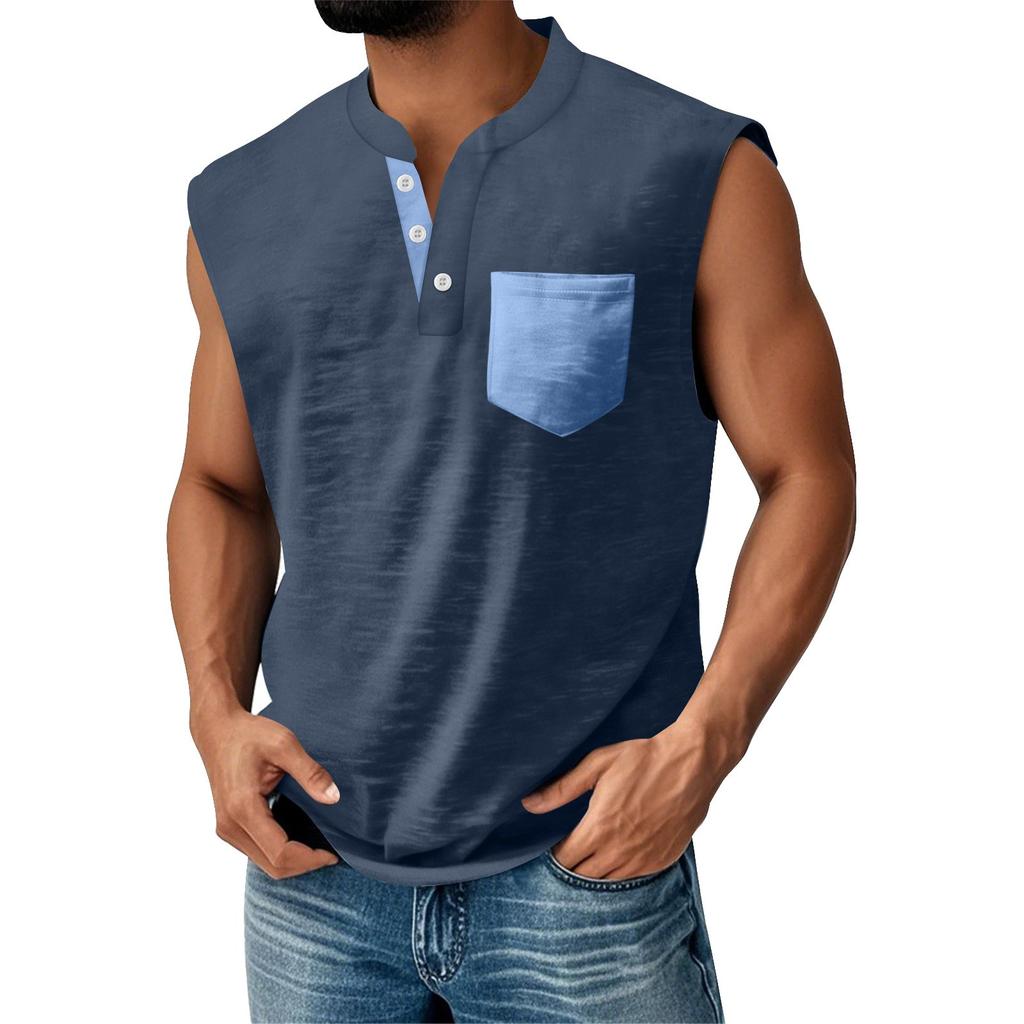 Men's Summer Solid Matching Color Pocket Sports Buttons Vest Men's Sports Casual Vest