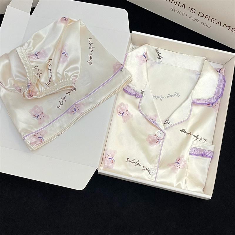 Peony Print Sweet Classic Short Women's Pajamas Simulated Silk Female House Clothing Summer Cool Casual Sleepwear