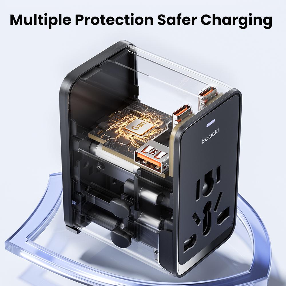 Toocki 75 Вт GaN Международный адаптер для путешествий с 3 портами USB-C и 1 портом USB-A Быстрая зарядка - Все в одном Зарядное устройство для путешествий для ЕС/США/Великобритании/Австралии