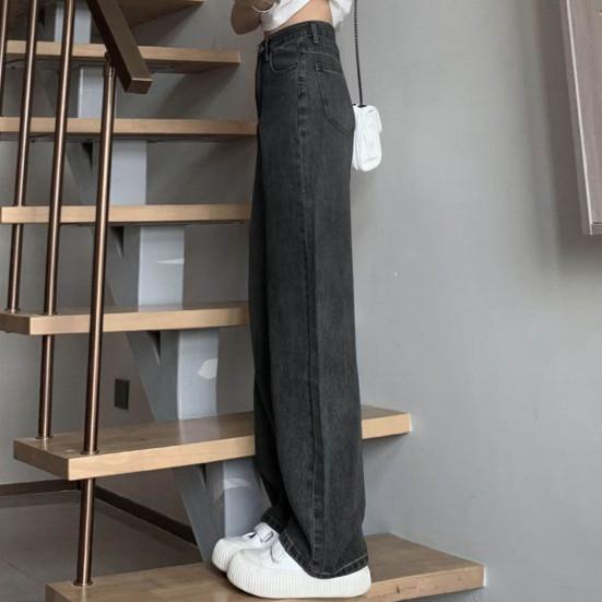 Women's Jeans with High Waist Zipper Closure Vintage Loose with Pockets Trousers Casual Wear Straight Wide Street Long Trousers