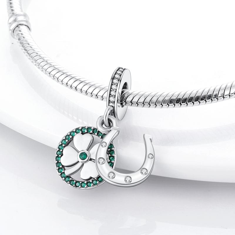 Lucky Four Leaf Shamrock Deamcatcher Horseshoe Dangle Charm Bead Charms fit Bracelets Necklaces copper Authentic Women Jewellery Making