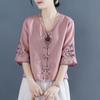Vintage Chic Embroidery Knot Button Cotton Shirt Women Summer New Chinese Loose Short Sleeve V-neck Top