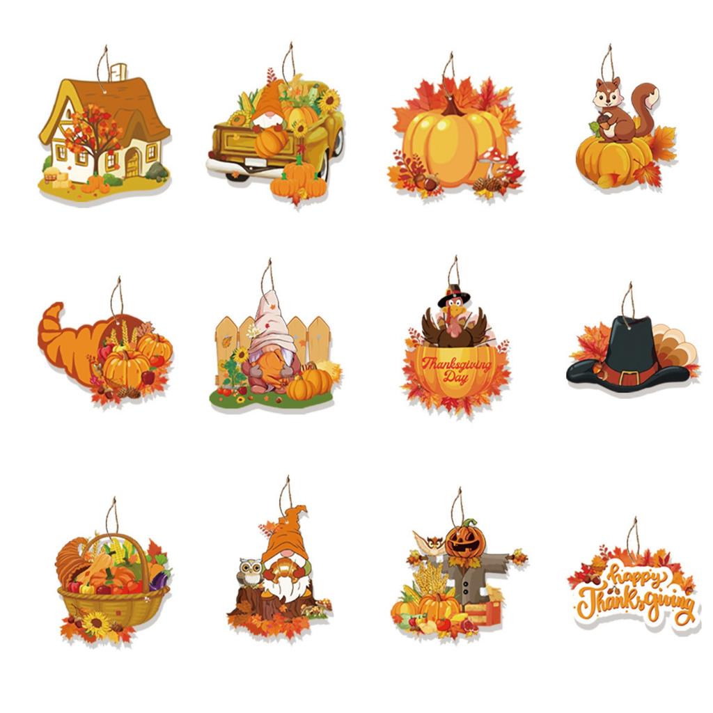 12Pcs Hanging Ornaments Thanksgiving Fall Tree Decorations Paper Hanging Signs And Pendant With Ropes Decor