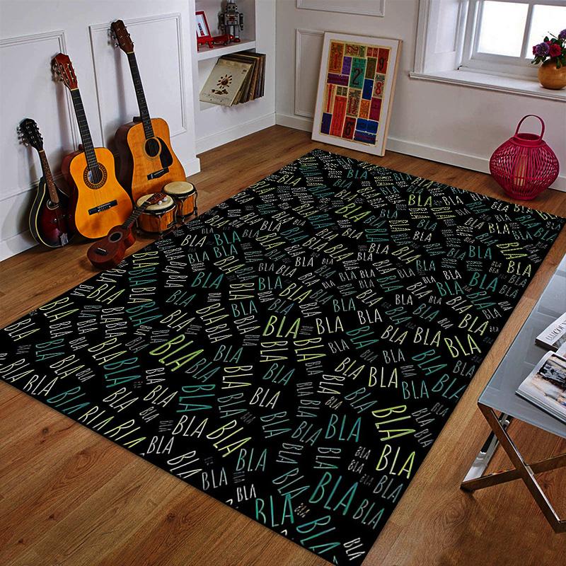 "Bla Bla Pattern on Black Background" Patterned carpet a non slip rug suitable for all seasons and any setting, gift