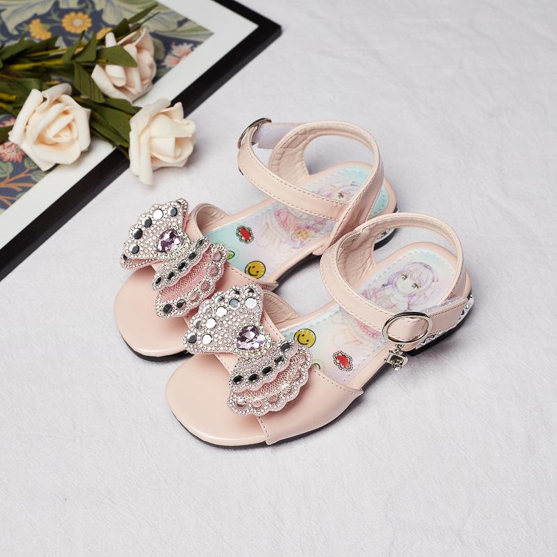 Детская обувь Принцесса Универсальная повседневная обувь Открытый носок Низкий каблук Стразы 2024 Новинка Мягкая застежка-липучка Детская Нескользящая Корейский ПУ