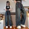 Elastic Waist Drawstring Jeans Girl's Mid-Waist  Spring Autumn   Fashionable Korean Bell Bottoms for Students