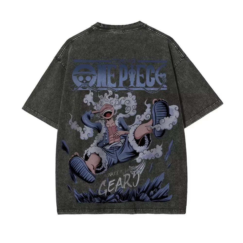 Gear Luffy T Shirt Men One Piece Sun God Nika Vintage Acid Wash Streetwear Retro Anime Graphic Cotton Tees