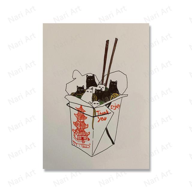 Винтажный абстрактный плакат с черным котом, четыре сезона, цветочная еда, кошачий принт, настенная картина, веселая ванная комната