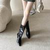 Autumn and winter new square head slope heel French fashion anti-fold belt buckle wide tube mid-tube boots