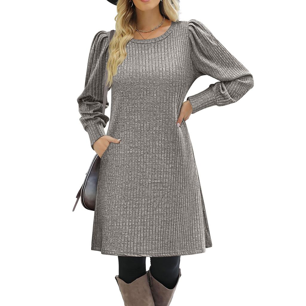 Женское платье-фонарик с длинным рукавом, повседневное, с круглым вырезом, длиной до колена, с карманами