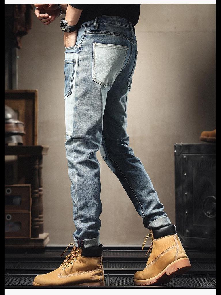Мужские модные облегающие джинсы в стиле пэчворк с множеством карманов и контрастными цветными заплатками