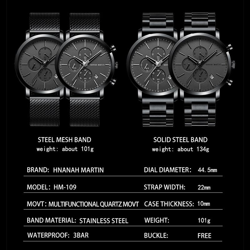 Hannah Martin Men Quartz Watches Top Brand Fashion Multifunction Small Dial Mesh Business Waterproof Wrist Watches