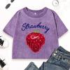 Fresh Red Strawberries Fruit Print Washed Slim T-Shirt Women Casual Crewneck T Shirt Summer Clothes Cotton Top